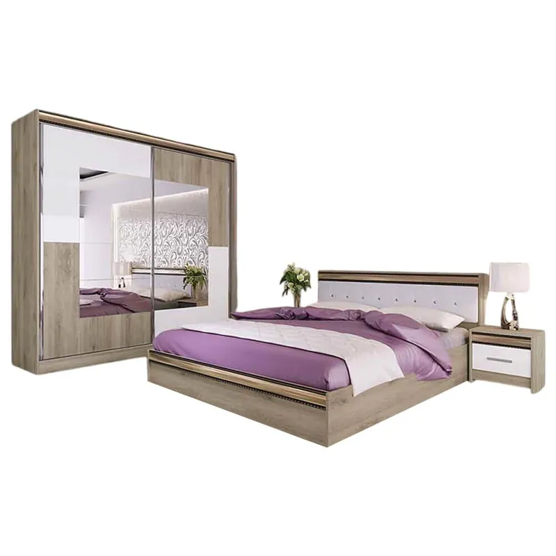 Dormitor Morela:pat 168x214x86 (160x200) cm, tablie tapitata piele ecologica, 2 noptiere 45x35x43 cm, dulap usi glisante si oglinda 200x60.5x201 cm, s