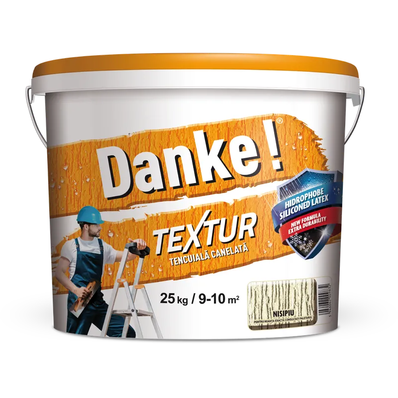 Tencuiala decorativa siliconica Danke Textur, aspect scoarta de copac, granulatie 1.5-2 mm, interior/exterior, nisipiu, 25 kg
