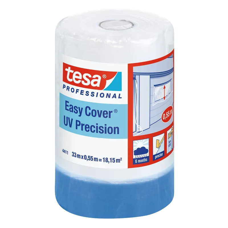 Folie de acoperire cu banda mascare tesa Easy Cover 4411 UV Precizie, transparent, exterior, 33 x 0.55 m bucată