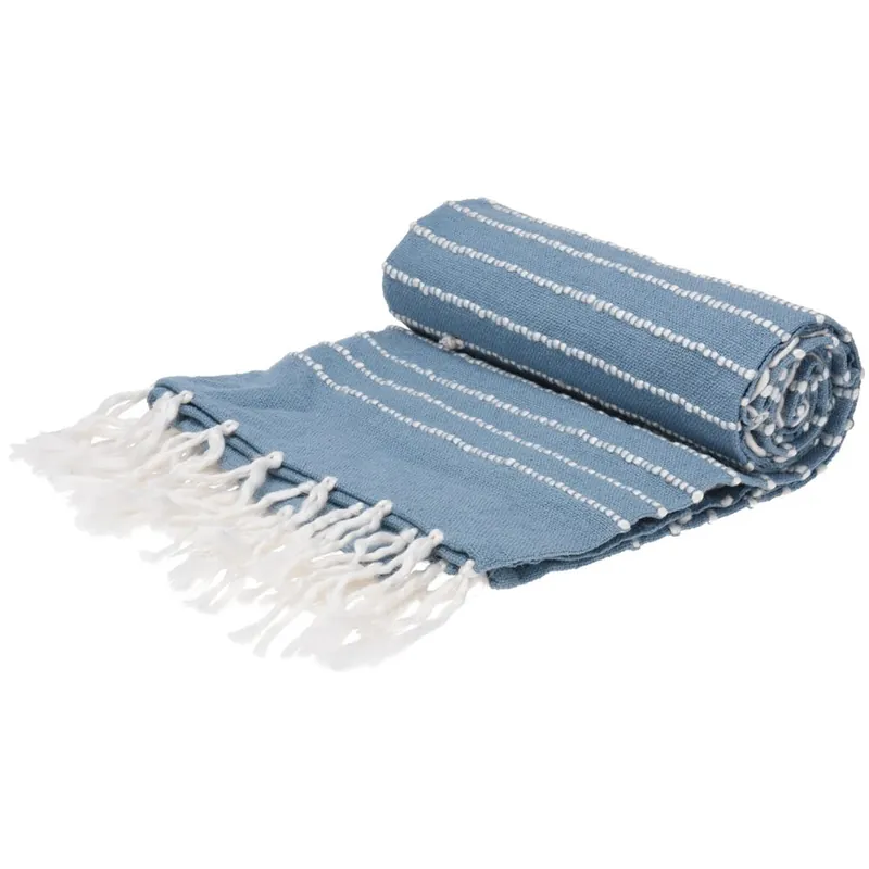 Pled cu franjuri Carolina 130x170 cm, 100% bumbac, albastru