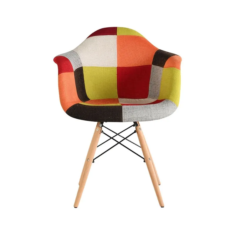 Scaun cu brate design Shell, model patchwork orange, sezut tapitat textil, picioare lemn