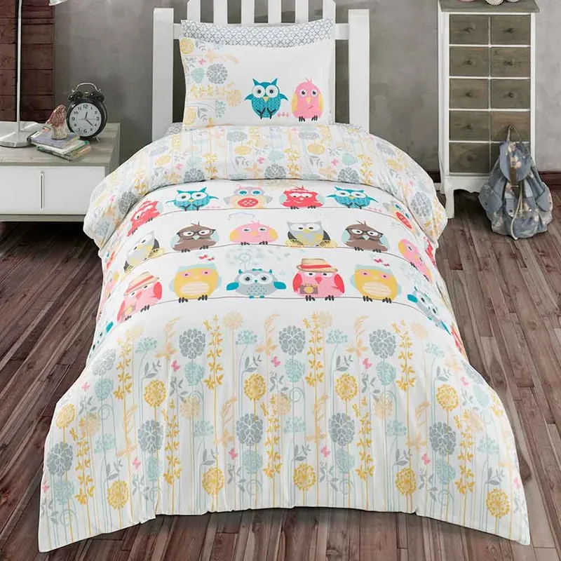 Lenjerie de pat 1 persoana, cearceaf pat 160x240 cm, husa pilota 160x220 cm, fata perna 50x70 cm, 100% bumbac ranforce, densitate 144tc, 115 g/mp, owl