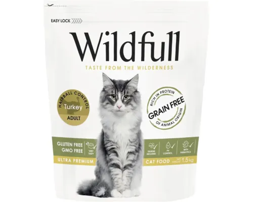 Hrană uscată pentru pisici ultra-premium Wildfull Hairball cu curcan 1,5 kg buc