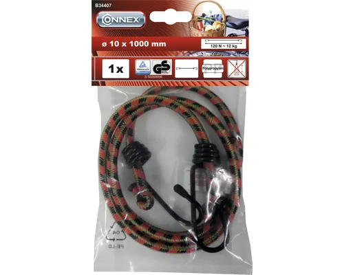 Corzi elastice tip păianjen Connex 10x1000 mm, 2 cârlige, polipropilenă, roșu & negru, 1 bucată pac