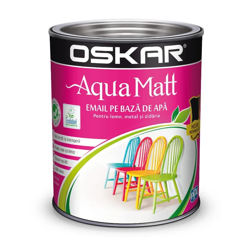 Vopsea pentru lemn/metal, Oskar Aqua Matt, interior/exterior, pe baza de apa, negru minimalist, 2.5 L l