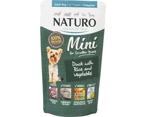Hrană umedă pentru câini NATURO Adult Mini cu rață și orez fără cereale, gluten, lactoză și zahăr 150 g buc