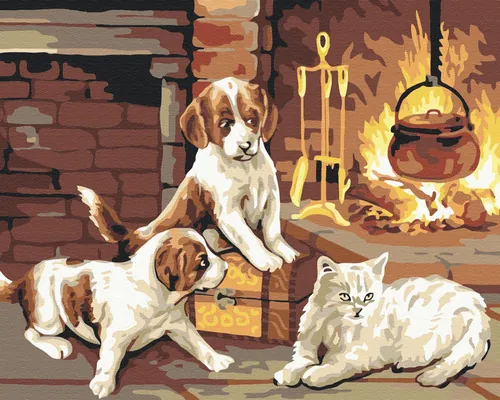 Pictură pe numere Pets by the fireplace 40x50 cm buc
