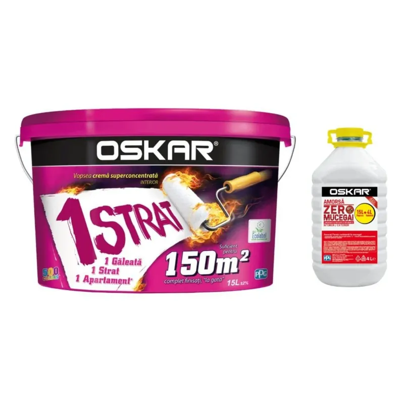 Vopsea lavabila interior, Oskar crema 1 strat, alb, 15 L + amorsa Oskar zero mucegai, 4 L bucată