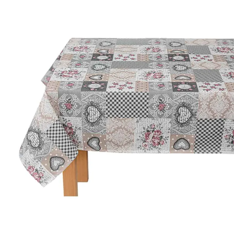 Fata de masa love, 100x135 cm, 50% bumbac, gri/roz/alb