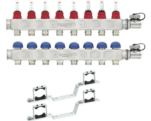 Kit distribuitoare inox Emmeti, debitmetre, robineţi termostatabili M24x19, 8 circuite buc