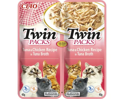 Recompensă pentru pisici CIAO Cat Twin cu pui în supă de ton fără cereale, gluten, lactoză și zahăr 80 g buc