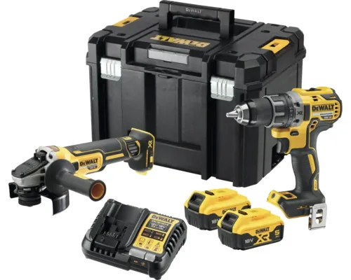 Set mașină de găurit și înșurubat DeWalt DCK2020P2T XR 18V max. 70Nm și polizor unghiular DeWalt DCG405+ 18V, incl. 2x5Ah și încărcător buc