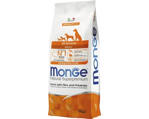 Hrană uscată pentru câini Monge Natural Superpremium Adult All Breeds cu rață și orez 12 kg buc