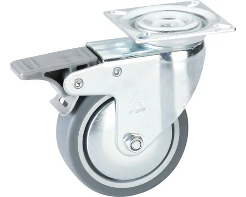 Roată pivotantă metalică & plastic Tarrox Ø100mm, placă fixare 60x60 mm, cu rulment & frână buc