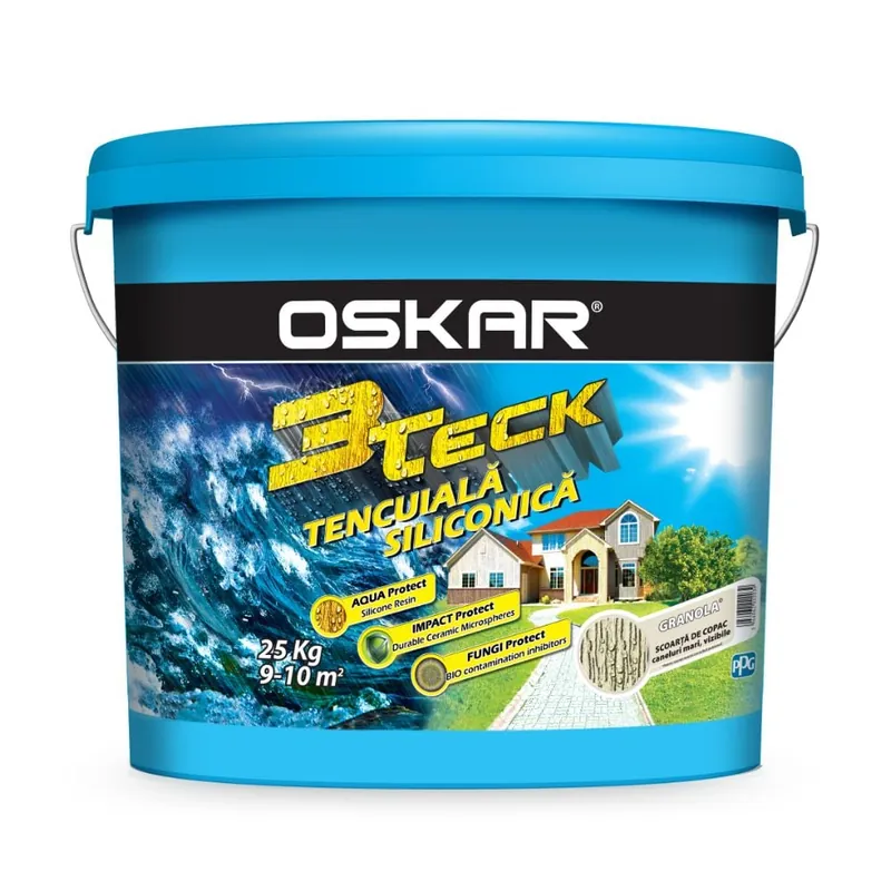 Tencuiala decorativa siliconica Oskar 3Teck, aspect scoarta de copac, granulatie 1.5 mm, interior/exterior, granola, 25 kg