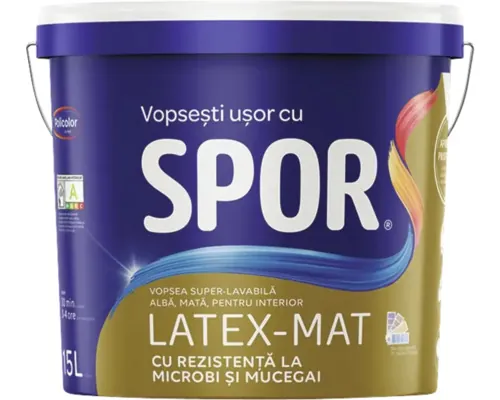 Vopsea superlavabilă pentru interior Spor Latex-Mat albă, mată 15 l buc