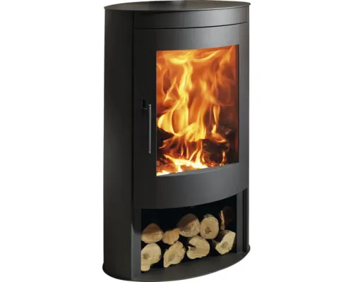 Șemineu pe lemne Panadero Oval oțel negru 8,7 kW cu spațiu depozitare lemne buc