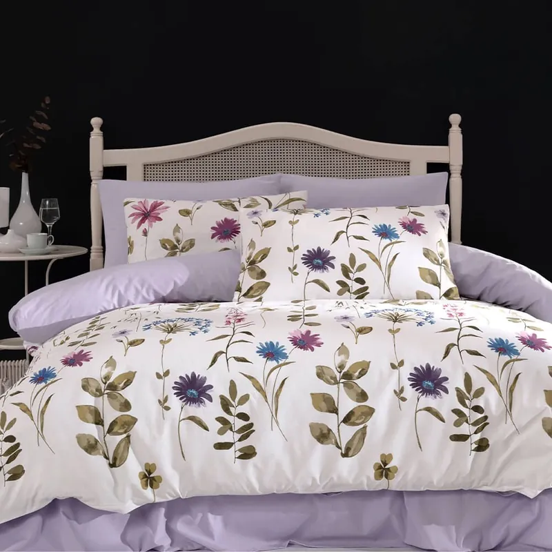 Lenjerie de pat 2 persoane Acasa Furrina, cearceaf pat 220x240 cm, husa pilota 200x220 cm, 2 fete perna 50x70 cm, 100% bumbac ranforce, mov, alb