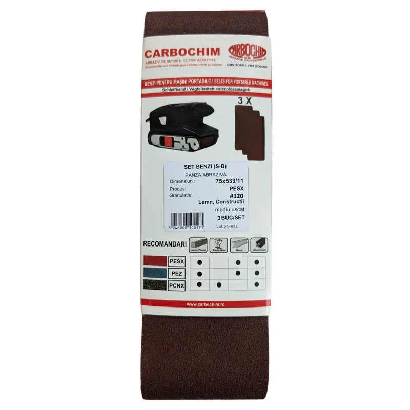 Banda fara sfarsit, pentru lemn / metale, Carboas PESX, 75 x 533 x 11 mm, granulatie 120, set 3 bucati 3buc