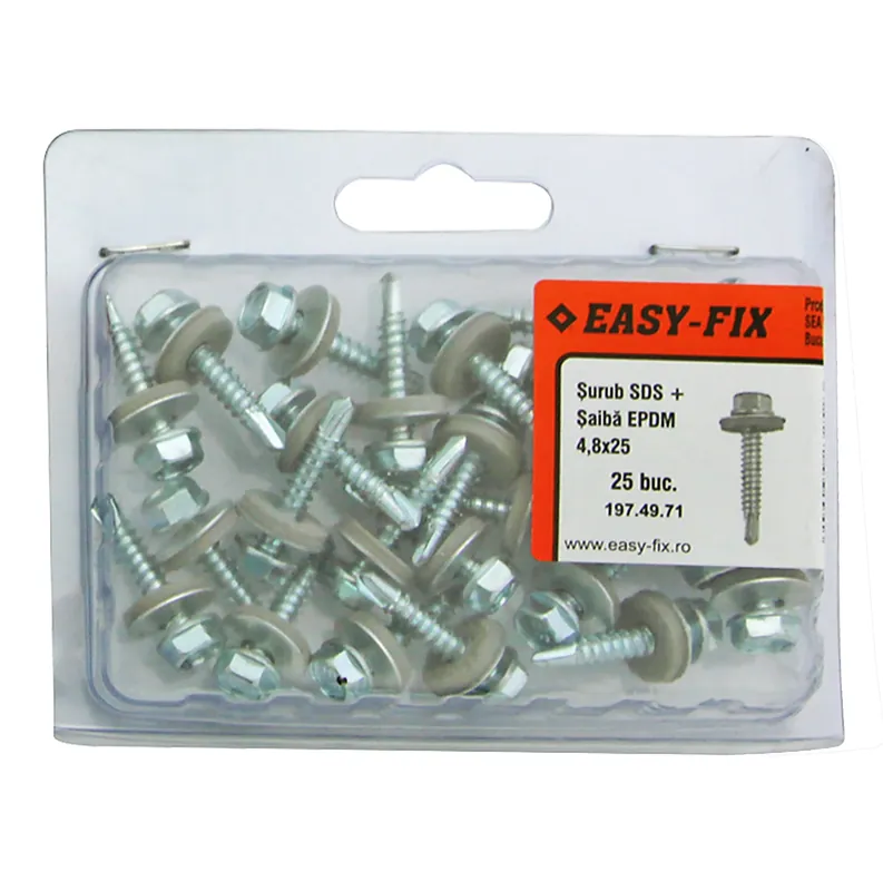 Surub autoforant pentru tabla, cu cap hexagonal + saiba EPDM, Easy-Fix SDS, din otel, zincat alb, 4.8 x 25 mm, 25 bucati punga