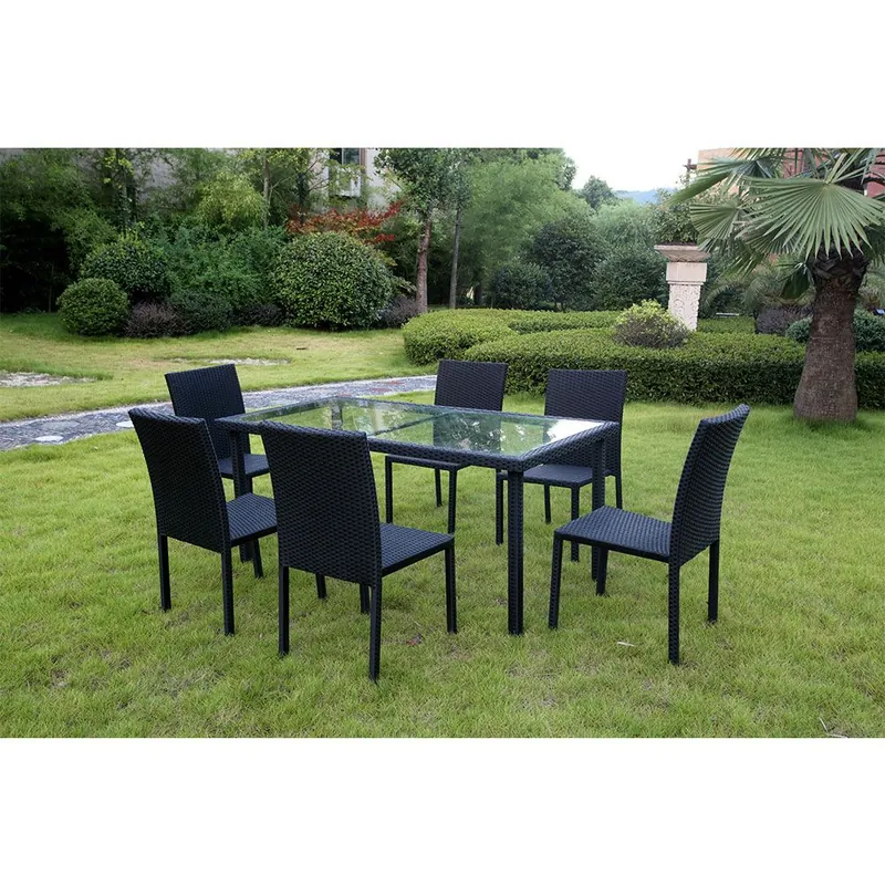 Set terasa masa + 6 scaune Austin: cadru otel imbracat in ratan pe, masa 160x80x73 cm, blat sticla securizata 5 mm, scaun 44x54x88 cm, sezut ratan pe