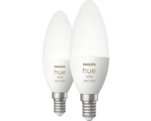 Becuri LED RGBW variabile Philips Hue E14 5,3W 320 lumeni, glob mat lumânare, 2 bucăți, Bluetooth pac