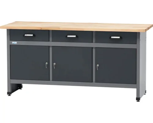 Banc de lucru negru/gri antracit Küpper 170x84x60cm (lxHxA), 3 uși și 3 sertare, grosime blat lemn 3cm buc
