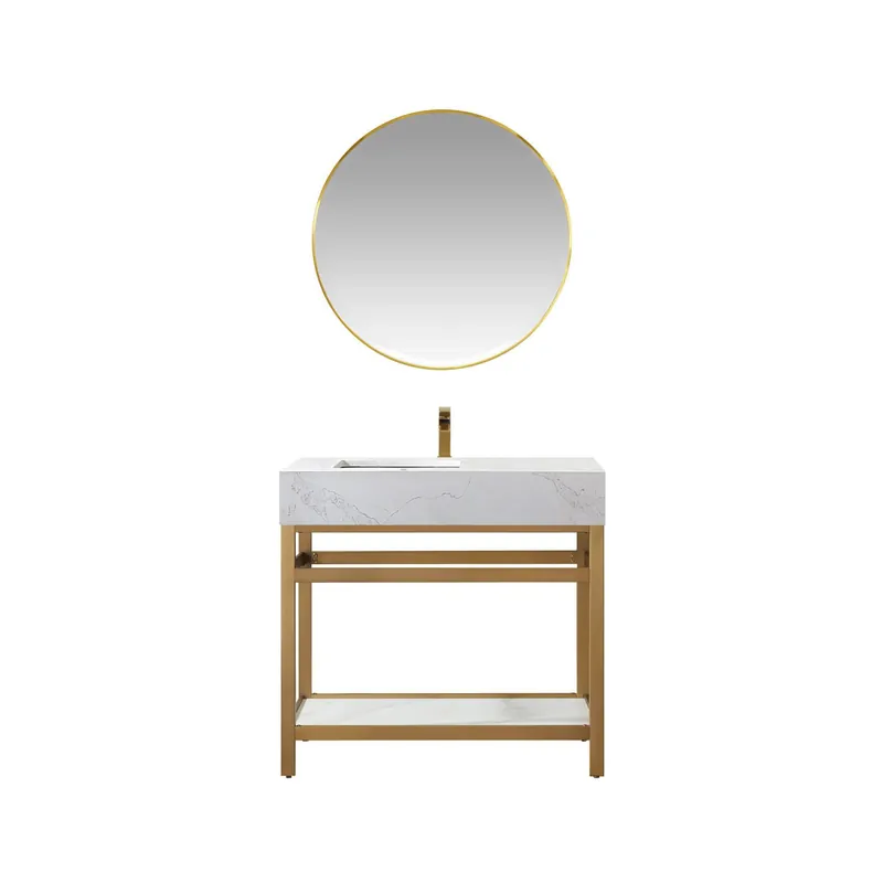 Set mobilier baie, cadru otel inoxidabil, 1 polita, blat granit cu lavoar + oglinda rama aluminiu, sidney 91.4x55x87 cm, alb/auriu