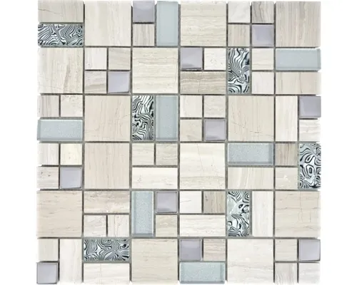Mozaic sticlă-piatră naturală XCM MC599 alb-gri 30x30 cm buc