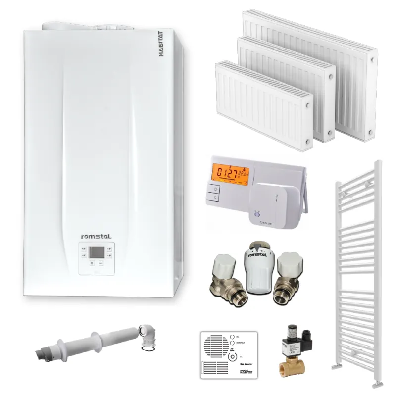Pachet centrala termica, condensare, Romstal 500, incalzire, apa calda, 21kW + calorifere si accesorii incalzire pentru 3 camere