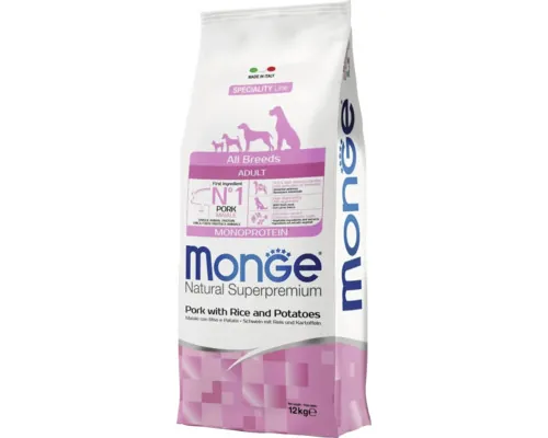 Hrană uscată pentru câini Monge Natural Superpremium Monoprotein Adult All Breeds cu porc și orez 12 kg buc