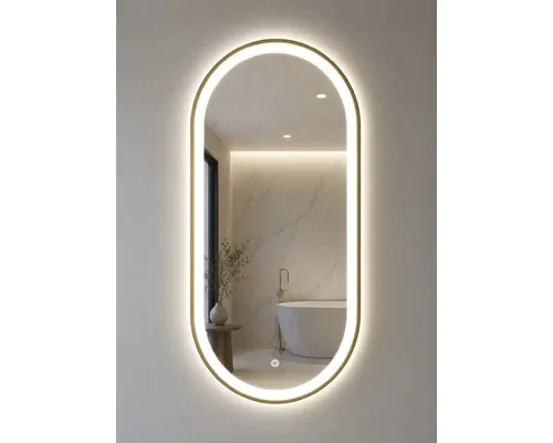 Oglindă baie cu LED Cordia Oval Line Premium 100x50 cm ramă aurie senzor Touch funcție anti-aburire IP 44 buc