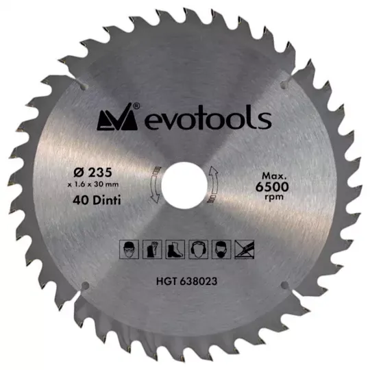 Disc vidia, lemn sau plastic, Ø235 x 30 mm, 40 dinti, 6500 RPM, Evotools