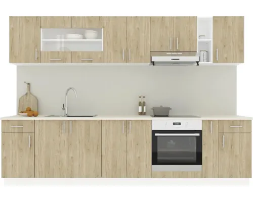 Mobilă de bucătărie Karo V25, L 300 cm, alb/lemn natural buc