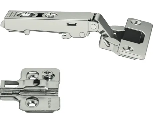 Balamale Häfele 110 SM 105 grade 48/6, ușă aplicată cu arc și autoînchidere + plăcuță montaj H = 0mm, 4 piese pac