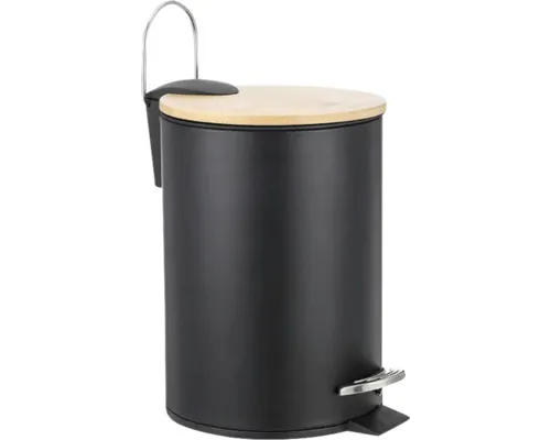 Coș de gunoi cu pedală 3 L, cu închidere lentă, metal-bambus, negru buc