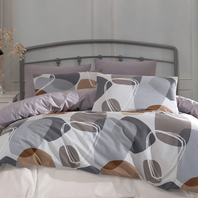 Lenjerie de pat 2 persoane Acasa Pandora, cearceaf pat 220x240 cm, husa pilota 200x220 cm, 2 fete perna 50x70 cm, 100% bumbac ranforce, bej, alb