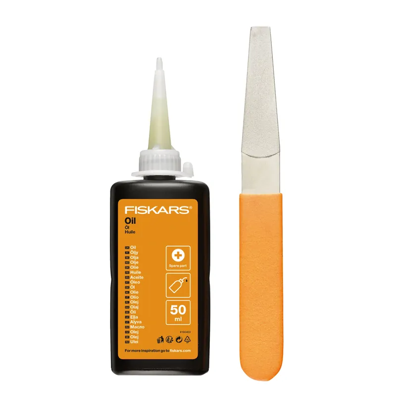 Pila diamantata + ulei + ghid pentru intretinere unelte gradina, Fiskars 110990 buc