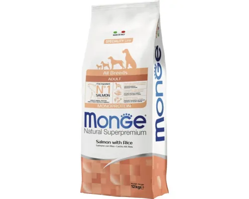 Hrană uscată pentru câini Monge Natural Superpremium Monoprotein Adult All Breeds cu somon și orez 12 kg buc
