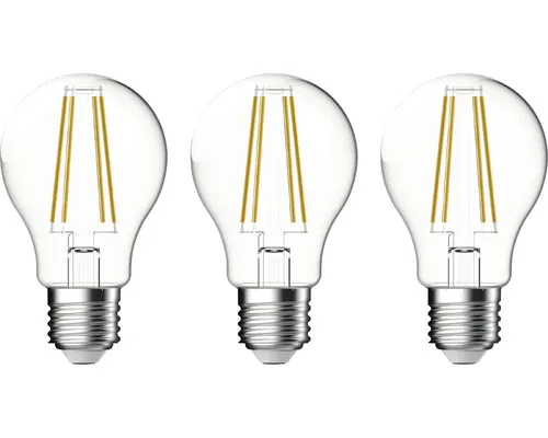 Becuri LED E27 7W 806 lumeni, glob clar A60, lumină caldă CRI90, 3 bucăți pac