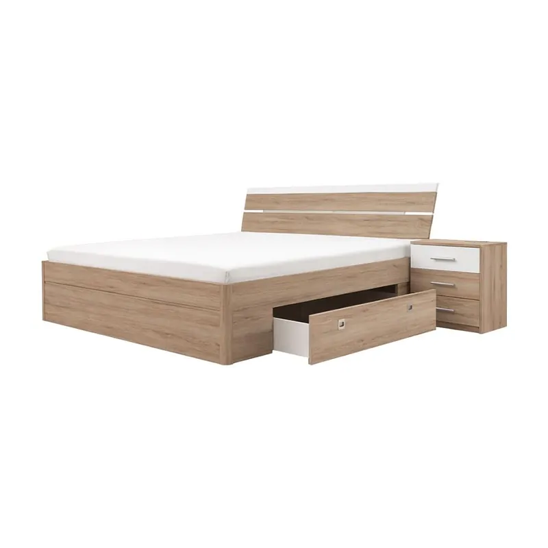 Set pat matrimonial Marte, 185X200X97 (180X200) cm, 2 sertare, tablie cu led inclus + 2 noptiere 46X56X41 cm, culoare sonoma/ alb, pal