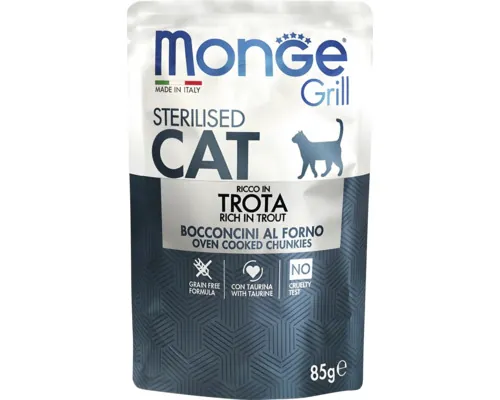Hrană umedă pentru pisici Monge Grill Chunkies Sterilised Cat cu păstrăv 85 g buc