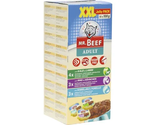 Hrană umedă pentru pisici MR. BEEF Adult vițel și miel/vită și pui/cod și păstrăv în aspic 10x100 g buc