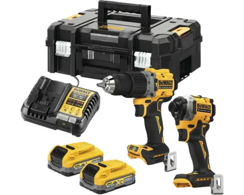 Set mașină de găurit (Bormașină) DCD805 și mașină de înșurubat cu impact DCF850 pe bază de acumulator DeWalt DCK2050S2T, , mat. tare max. 812Nm, 650r/minincl. 2x3,5Ah și încărcător buc