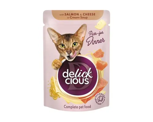 Stripsuri pentru pisici DELICKCIOUS Adult cu somon și cașcaval în supă cremă 85 g buc
