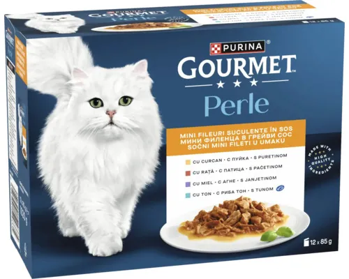 Hrană umedă pentru pisici PURINA Gourmet Perle mini fileuri în sos cu curcan, rață, miel, ton 12x85 g pac