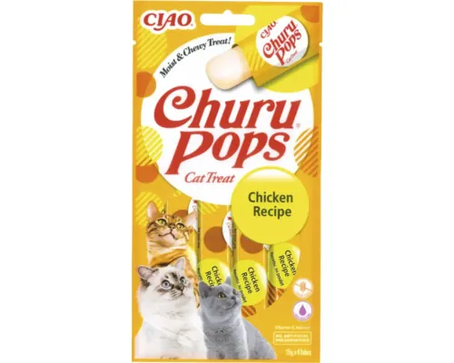 Recompensă pentru pisici CIAO Churu Pops cu pui fără cereale, gluten, lactoză și zahăr 4x14 g buc