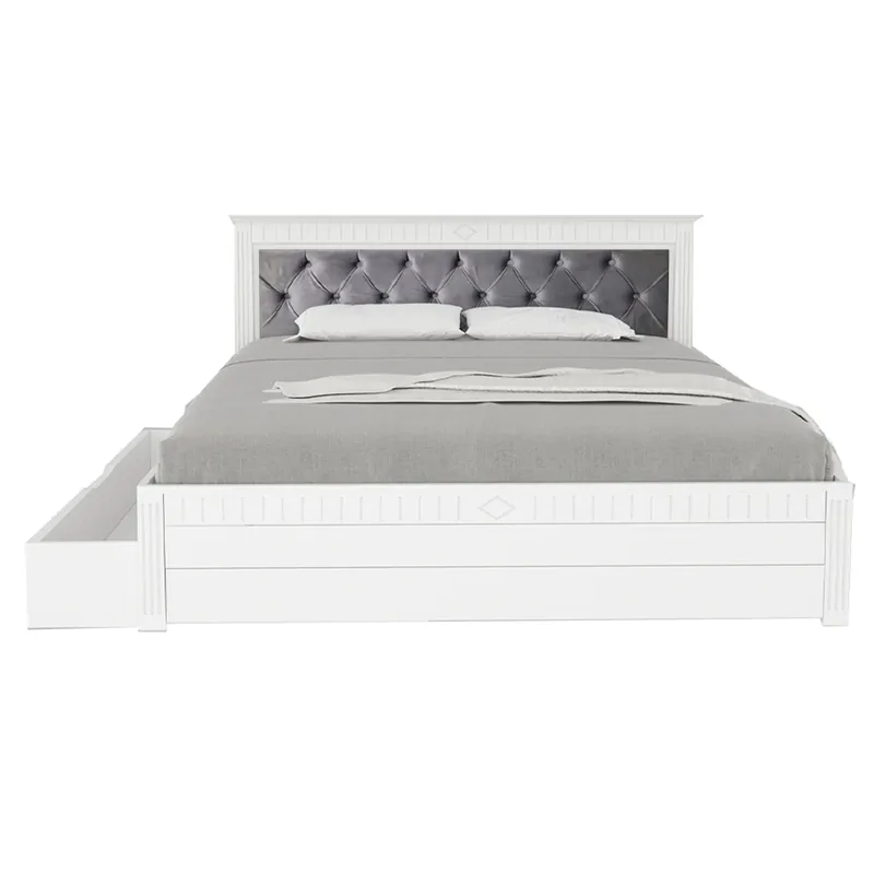 PAT DORMITOR LEMN MASIV ALB 160X200 CU TABLIE TAPITATA SI SERTAR