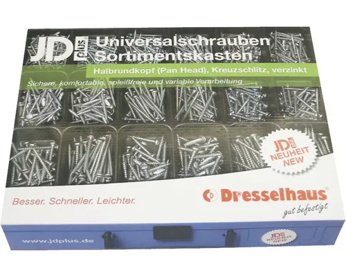 Set șuruburi pentru lemn cu cap bombat cruce Dresselhaus JD-Plus oțel zincat, 700 piese buc