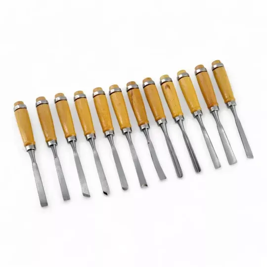 Set 12 dalti sculptura lemn, 20 cm, diferite profile, maner lemn, Evotools 12buc